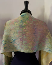 Load image into Gallery viewer, Green Multi Color Bouquet marbled  Charmeuse  Silk 72x14” bold fun. This beautiful silk makes a  unique dresser cover and scarf
