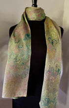 Load image into Gallery viewer, Green Multi Color Bouquet marbled  Charmeuse  Silk 72x14” bold fun. This beautiful silk makes a  unique dresser cover and scarf
