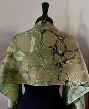 Load image into Gallery viewer, Green Italian Vein marbled  Charmeuse  Silk 72x14” bold fun. This beautiful silk makes a unique dresser cover and scarf.
