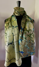 Load image into Gallery viewer, Green Italian Vein marbled  Charmeuse  Silk 72x14” bold fun. This beautiful silk makes a unique dresser cover and scarf.
