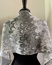 Load image into Gallery viewer, Black gray white bouquet water marbled 8mm Habotai silk.  Hang on the wall, use as a table runner or wear this unique piece
