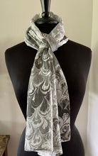 Load image into Gallery viewer, Black gray white bouquet water marbled 8mm Habotai silk.  Hang on the wall, use as a table runner or wear this unique piece

