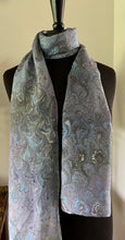 Load image into Gallery viewer, Blue green plum bouquet traditional  water marbled 8mm Habotai silk.  Hang on the wall, use as a table runner or wear this unique piece

