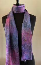 Load image into Gallery viewer, Purple multicolored bouquet marbled  Charmeuse  Silk 72x14” bold fun. This beautiful silk makes a unique dresser cover and scarf
