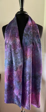 Load image into Gallery viewer, Purple multicolored bouquet marbled  Charmeuse  Silk 72x14” bold fun. This beautiful silk makes a unique dresser cover and scarf
