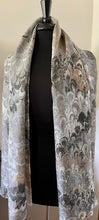 Load image into Gallery viewer, Two sided black &amp; white bouquet Shawl 72x22” Water marbled silk
