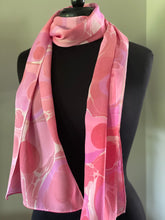 Load image into Gallery viewer, Barbie Pink Polka Dots twice marbled Charmeuse  Silk 72x14” bold fun. This beautiful silk makes a unique dresser cover and scarf
