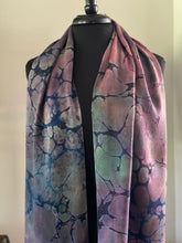 Load image into Gallery viewer, Purple multicolored Italian Vein marbled  Charmeuse  Silk 72x14” bold fun. This beautiful silk makes a unique dresser cover and scarf
