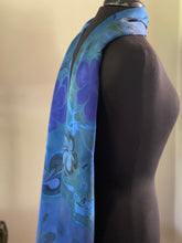 Load image into Gallery viewer, Blue Flora marbled  Charmeuse  Silk 72x14” bold fun. This beautiful silk makes a unique dresser cover and scarf
