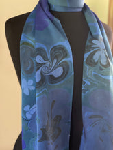 Load image into Gallery viewer, Blue Flora marbled  Charmeuse  Silk 72x14” bold fun. This beautiful silk makes a unique dresser cover and scarf
