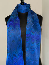 Load image into Gallery viewer, Blue Comb marbled  Charmeuse  Silk 72x14” bold fun. This beautiful silk makes a unique dresser cover and scarf
