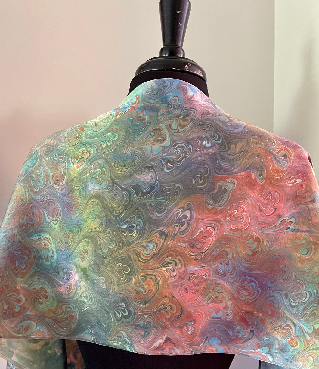 Multicolored bouquet marbled  Charmeuse  Silk 72x14” bold fun. This beautiful silk makes a unique dresser cover and scarf