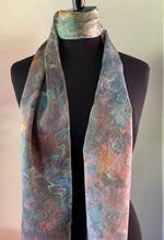 Load image into Gallery viewer, Multicolored bouquet marbled  Charmeuse  Silk 72x14” bold fun. This beautiful silk makes a unique dresser cover and scarf
