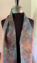 Load image into Gallery viewer, Multicolored bouquet marbled  Charmeuse  Silk 72x14” bold fun. This beautiful silk makes a unique dresser cover and scarf

