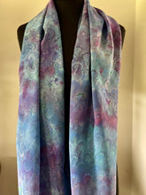 Load image into Gallery viewer, Blue Purple multidyed bouquet shawl. .  Crepe de chine 72x22” bold fun. This beautiful silk makes a unique dresser cover and scarf
