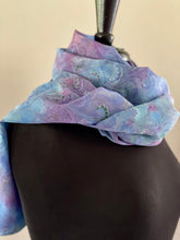 Load image into Gallery viewer, Blue Purple multidyed bouquet shawl. .  Crepe de chine 72x22” bold fun. This beautiful silk makes a unique dresser cover and scarf
