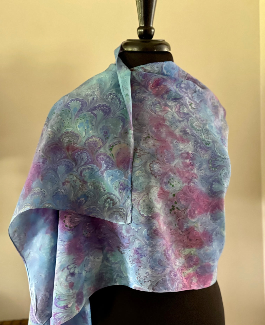 Blue Purple multidyed bouquet shawl. .  Crepe de chine 72x22” bold fun. This beautiful silk makes a unique dresser cover and scarf