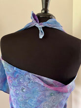 Load image into Gallery viewer, Blue Purple multidyed bouquet shawl. .  Crepe de chine 72x22” bold fun. This beautiful silk makes a unique dresser cover and scarf
