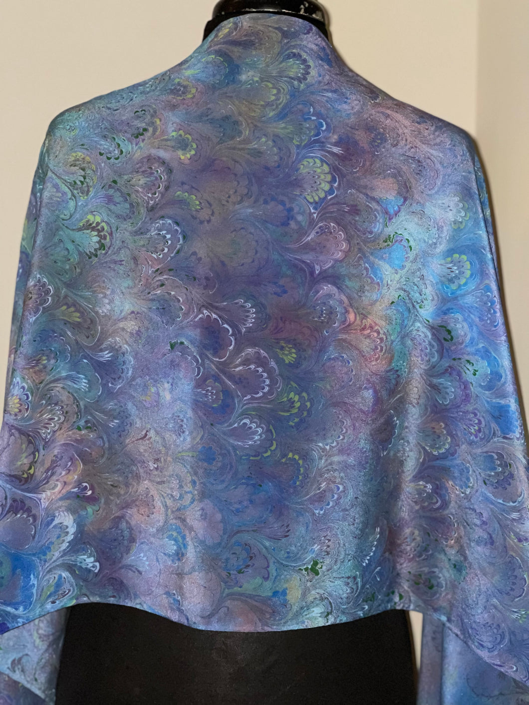 Blue multidyed bouquet shawl. .  Crepe de chine 72x22” bold fun. This beautiful silk makes a unique dresser cover and scarf