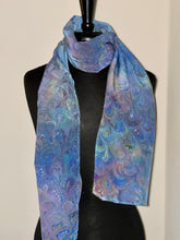 Load image into Gallery viewer, Blue multidyed bouquet shawl. .  Crepe de chine 72x22” bold fun. This beautiful silk makes a unique dresser cover and scarf
