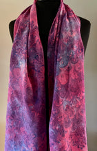 Load image into Gallery viewer, Hot Pink!  bouquet shawl. .  Crepe de chine 72x22” bold fun. This beautiful silk makes a unique dresser cover and scarf
