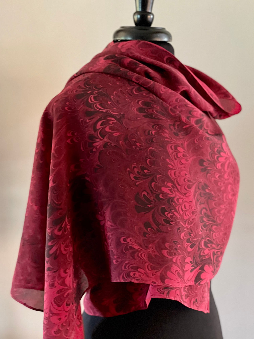Red bouquet shawl. .  Crepe de chine 72x22” bold fun. This beautiful silk makes a unique dresser cover and scarf.