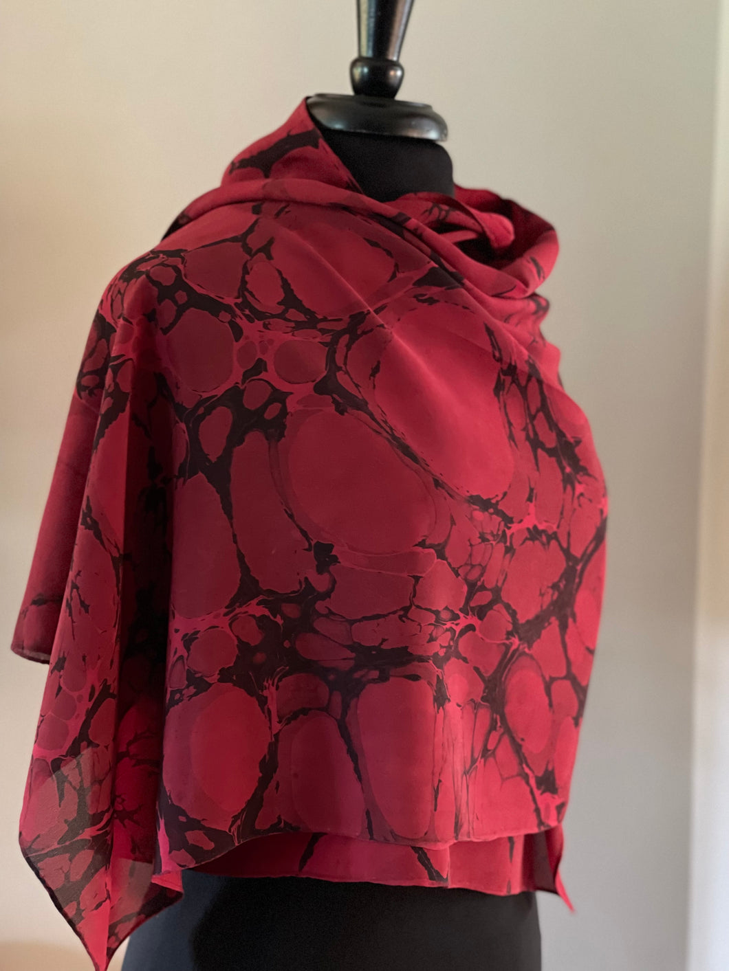 Red Italian Vein shawl. .  Crepe de chine 72x22” bold fun. This beautiful silk makes a unique dresser cover and scarf.