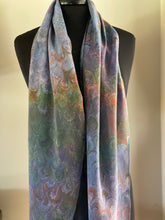 Load image into Gallery viewer, Blue multidyed bouquet shawl. .  Crepe de chine 72x22” bold fun. This beautiful silk makes a unique dresser cover and scarf
