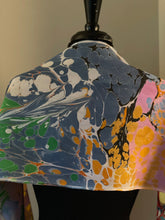 Load image into Gallery viewer, Summer color twice marbled Charmeuse Silk 72x14” bold fun. This beautiful silk makes a unique dresser cover and scarf
