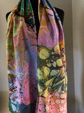 Load image into Gallery viewer, Summer color twice marbled Charmeuse Silk 72x14” bold fun. This beautiful silk makes a unique dresser cover and scarf

