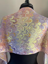 Load image into Gallery viewer, Purple yellow bouquet water marbled 8mm Habotai silk.  Hang on the wall, use as a table runner or wear this unique piece
