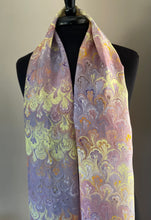 Load image into Gallery viewer, Purple yellow bouquet water marbled 8mm Habotai silk.  Hang on the wall, use as a table runner or wear this unique piece
