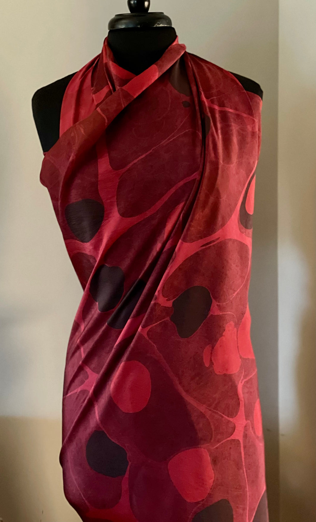 Red Stone Sarong Wrap 44x69 water marbled Habotai Silk combed
