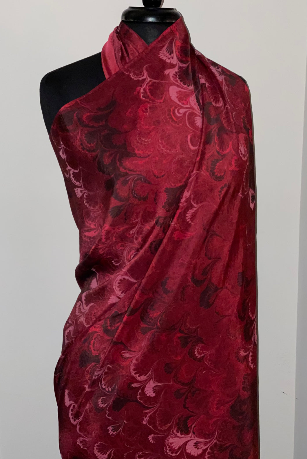 Red Bouquet Sarong Wrap 44x69 water marbled Habotai Silk combed