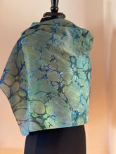 Load image into Gallery viewer, Green Blue Italian Vein shawl. .  Crepe de chine 72x22” bold fun. This beautiful silk makes a unique dresser cover and scarf
