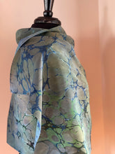 Load image into Gallery viewer, Green Blue Italian Vein shawl. .  Crepe de chine 72x22” bold fun. This beautiful silk makes a unique dresser cover and scarf
