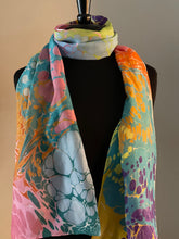 Load image into Gallery viewer, Summer color   water marbled 8mm Habotai silk.  Hang on the wall, use as a table runner or wear this unique piece
