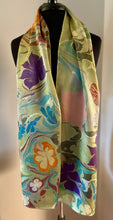 Load image into Gallery viewer, Klimt’s Flowers Multidyed Charmeuse Silk 72x14” bold fun. This beautiful silk makes a unique dresser cover and scarf
