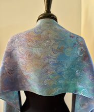 Load image into Gallery viewer, Blue bouquet  Charmeuse  Silk 72x14” bold fun. This beautiful silk makes a unique dresser cover and scarf
