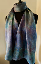 Load image into Gallery viewer, Blue bouquet  Charmeuse  Silk 72x14” bold fun. This beautiful silk makes a unique dresser cover and scarf
