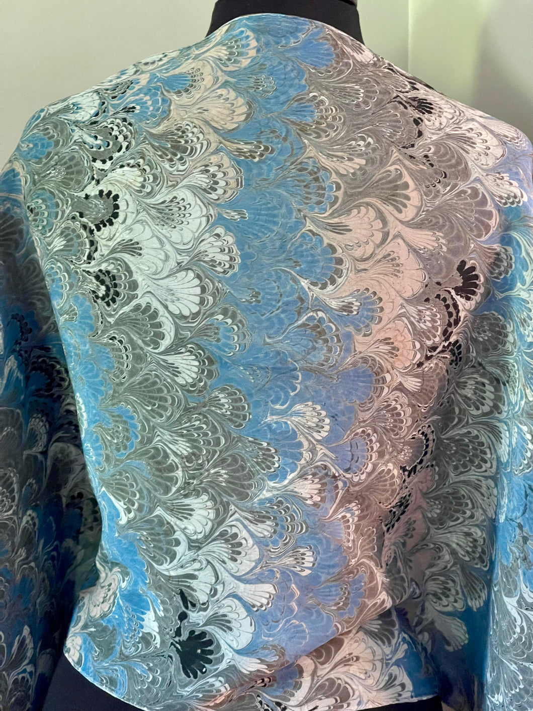 Blue bouquet two sided shawl. .  Crepe de chine 72x22” bold fun. This beautiful silk makes a unique dresser cover and scarf