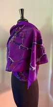 Load image into Gallery viewer, Purple Italian Vein shawl. .  Crepe de chine 72x22” bold fun. This beautiful silk  makes a unique dresser cover and  scarf .
