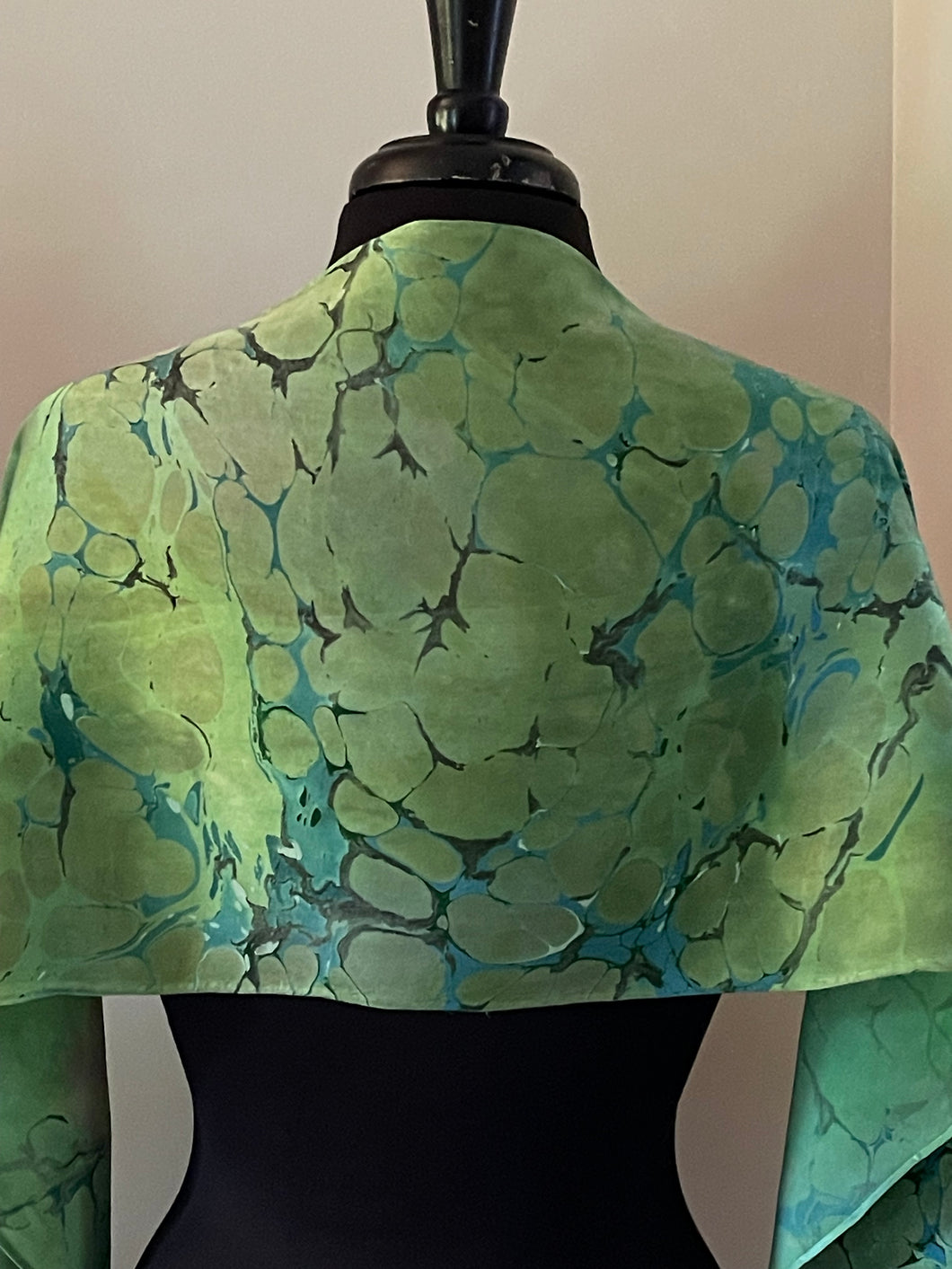 Green Italian Vein marbled  Charmeuse  Silk 72x14” bold fun. This beautiful  silk makes a unique dresser cover and scarf.