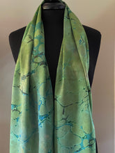 Load image into Gallery viewer, Green Italian Vein marbled  Charmeuse  Silk 72x14” bold fun. This beautiful  silk makes a unique dresser cover and scarf.
