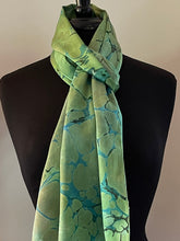 Load image into Gallery viewer, Green Italian Vein marbled  Charmeuse  Silk 72x14” bold fun. This beautiful  silk makes a unique dresser cover and scarf.
