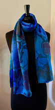 Load image into Gallery viewer, Blue Flora marbled  Charmeuse  Silk 72x14” bold fun. This beautiful silk makes a unique dresser  cover, tapestry and scarf
