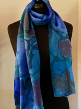 Load image into Gallery viewer, Blue Flora marbled  Charmeuse  Silk 72x14” bold fun. This beautiful silk makes a unique dresser  cover, tapestry and scarf
