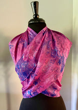 Load image into Gallery viewer, Multidyed pink &amp; blue bouquet.  Water Marbled Habotai Silk 14x72.
