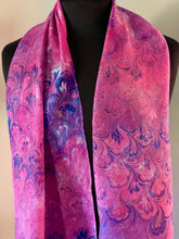 Load image into Gallery viewer, Multidyed pink &amp; blue bouquet.  Water Marbled Habotai Silk 14x72.
