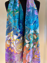 Load image into Gallery viewer, Random Colors II twice marbled Charmeuse Silk 72x14” bold fun. This beautiful silk makes a unique dresser cover and scarf.
